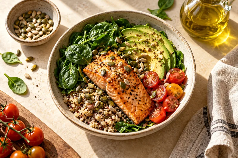 A balanced meal with salmon, vegetables, and seeds